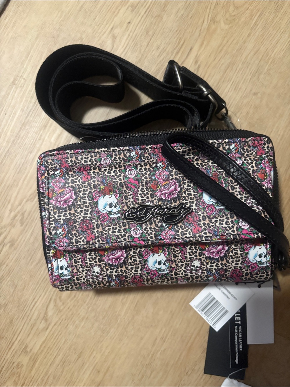 Ed Hardy Pink & Black Leopard Skull Floral Crossbody Wallet